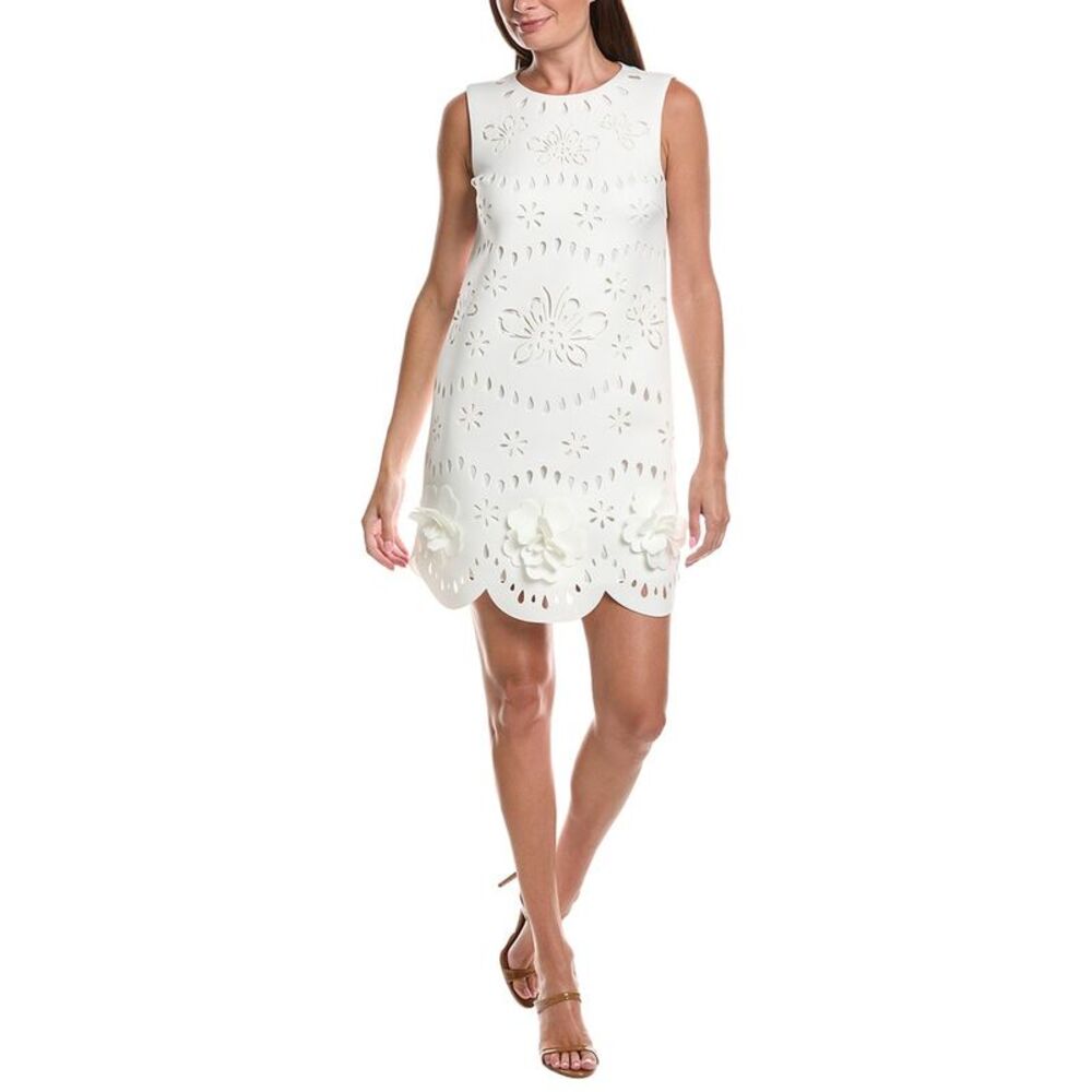 Badgley Mischka Womens  Sleeveless Laser Cut Shift Dress, White